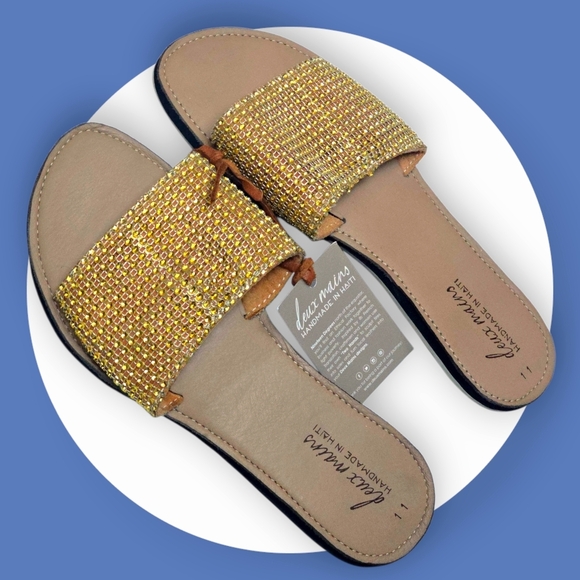 🆕 Boho Luxe Crystal Slides Deux Mains Handmade Haiti 100% Leather Eco Sandals - Picture 11 of 14